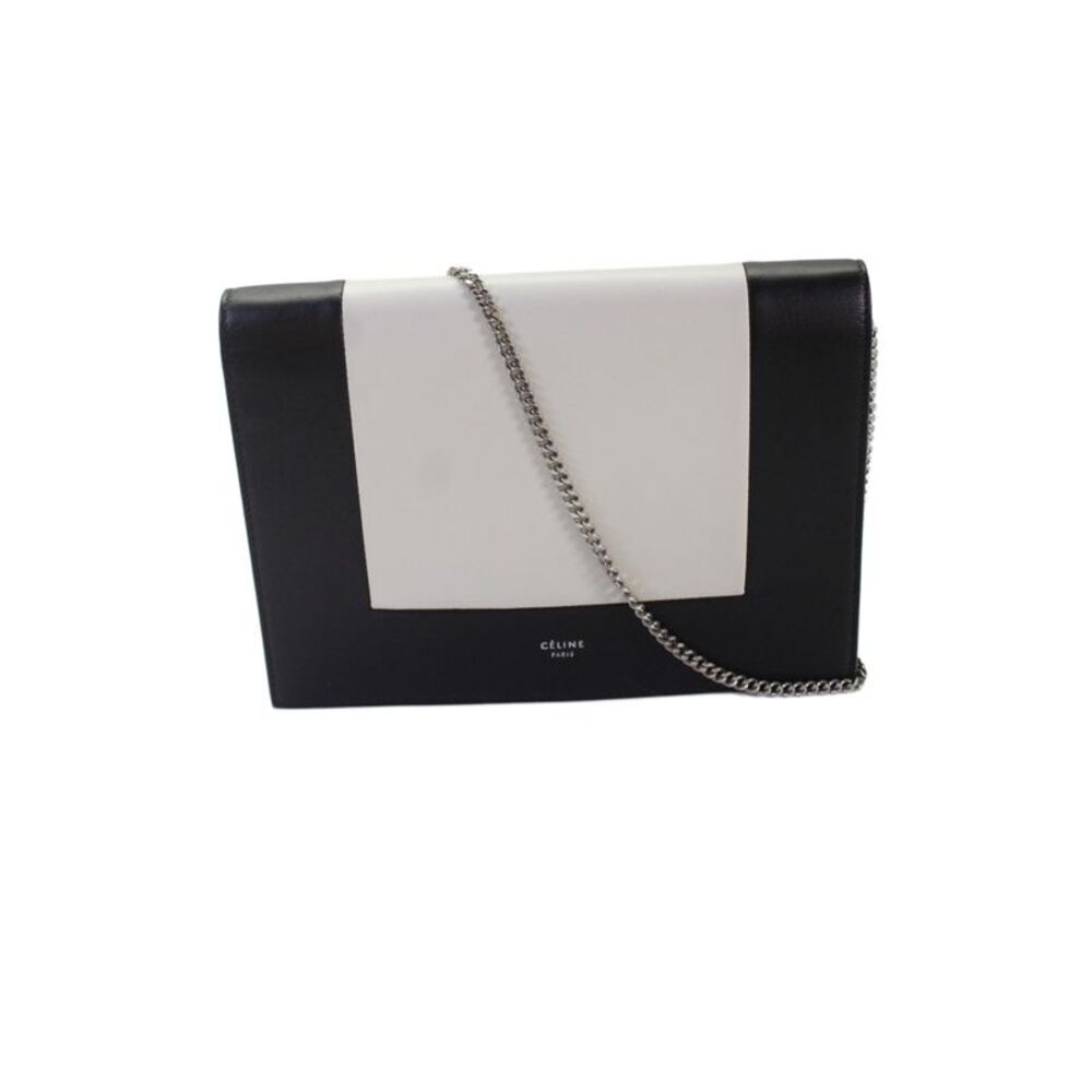 Celine Womens Leather Colorblock Tone Tone Evening Wallet On Chain White Black